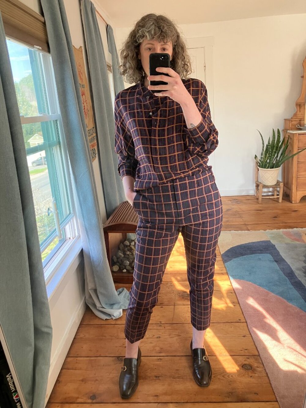 NWT Theory plaid matching purple long sleeve blouse and cropped trouser set, L - Picture 2 of 9